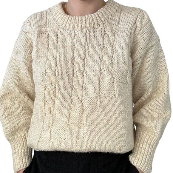 Vintage Country Knits Wool Hand Knit White Fisherman Sweater Made in New Zealand - Picture 1 of 9